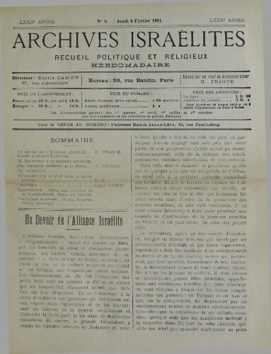 Archives israélites de France. Vol.72 N°06 (09 févr. 1911)